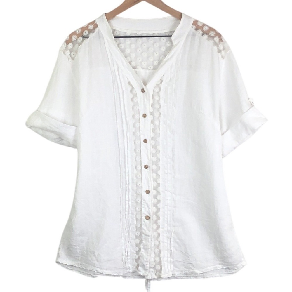 Italian Pure Linen Floral Lace Pintuck Button Up Top Blouse XXXL White Tie Back